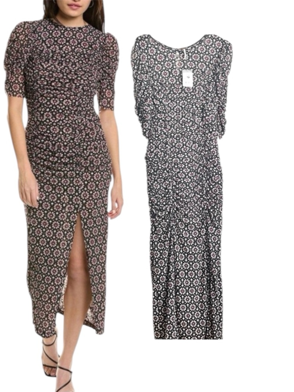 Free People Black Brielle Ruched Puff Sleeves Midi Dress Sz M